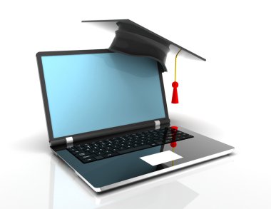 Mezuniyet kap laptop - e-öğrenme 3d kavramı