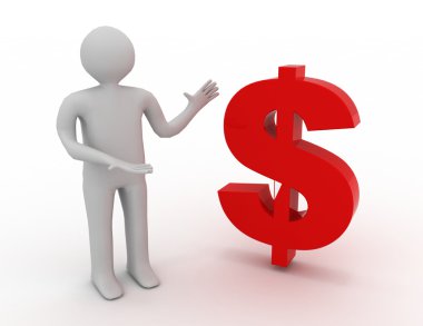 3D dolar işareti ve adam. iş kavramı