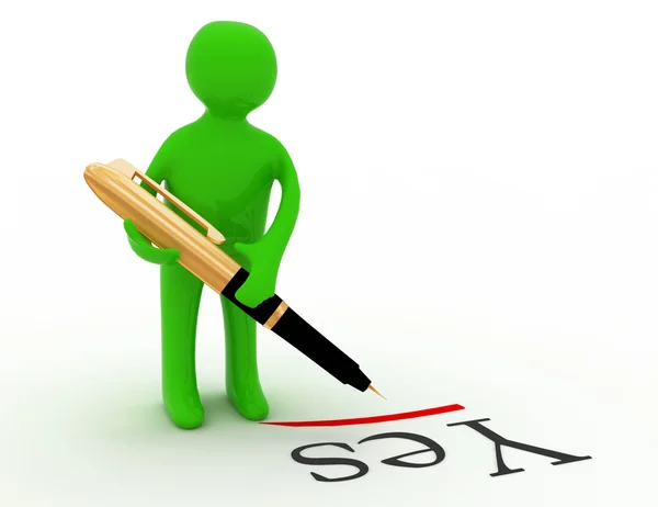 A 3d man choosing yes  with a pen — Stock Photo, Image