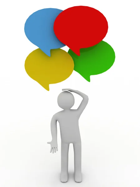 3d man thinking with four speech bubble — Stock Photo, Image