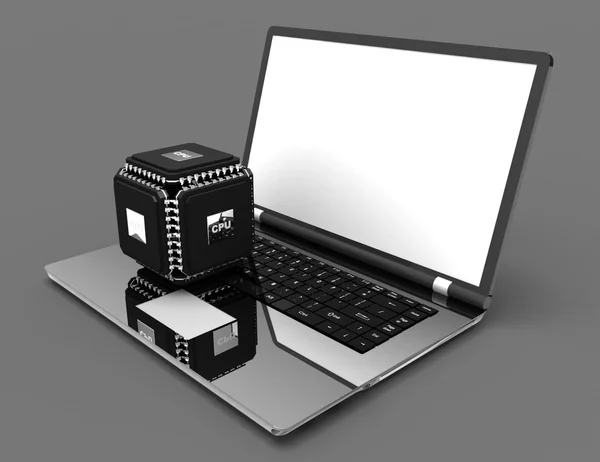 Laptop mit leistungsstarkem Multicore-Chipkonzept. 3D-Illustration — Stockfoto