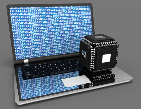 Computer portatile con concetto di chip potente multicore. Illustrazione 3d — Foto Stock