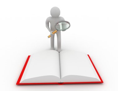 3D adam, insan, insan ve Büyüteç ve bir kitap