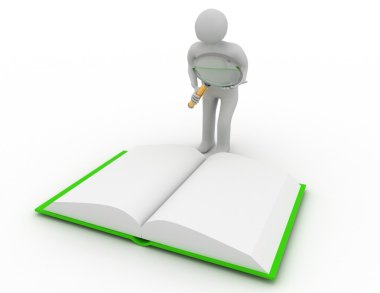 3D adam, insan, insan ve Büyüteç ve bir kitap