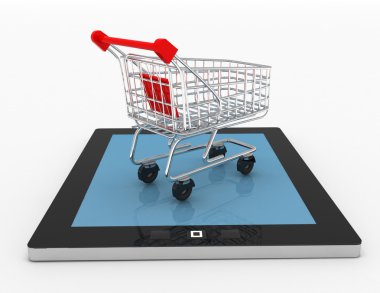 beyaz zemin üzerinde bir tablet pc üzerinden alışveriş sepeti