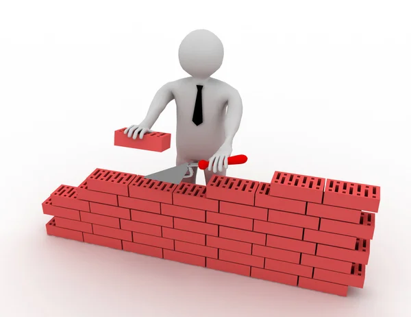 3D man constructing a red brick wall — Stock Photo, Image
