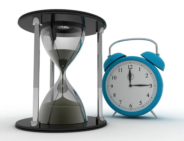 3 d の砂時計と目覚まし時計。時間の概念 — ストック写真