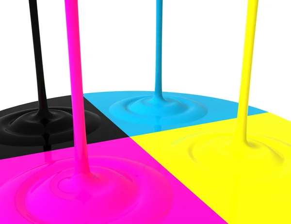 CMYK liquid inks spilling, 3D render image — Stock Photo, Image