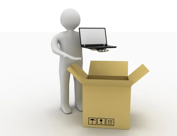 A 3d person taking a computer from a box — Stock Photo, Image