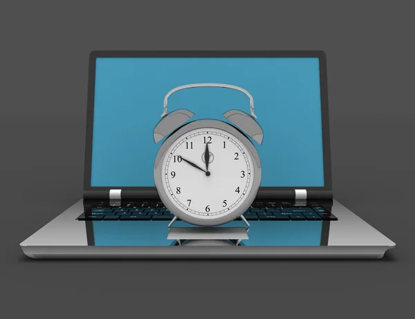 Laptop y reloj. Ilustración 3d en negro — Foto de Stock