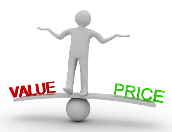 3D människor - man, person med ordet "värde" och "pris" på balans — Stockfoto
