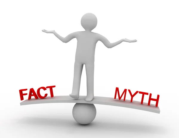 3D-mensen - mens, persoon met het woord "feiten" en "mythen" per saldo — Stockfoto