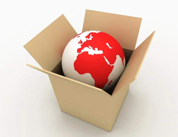 Globe terrestre dans une boîte en carton avec la conception de l'information — Photo