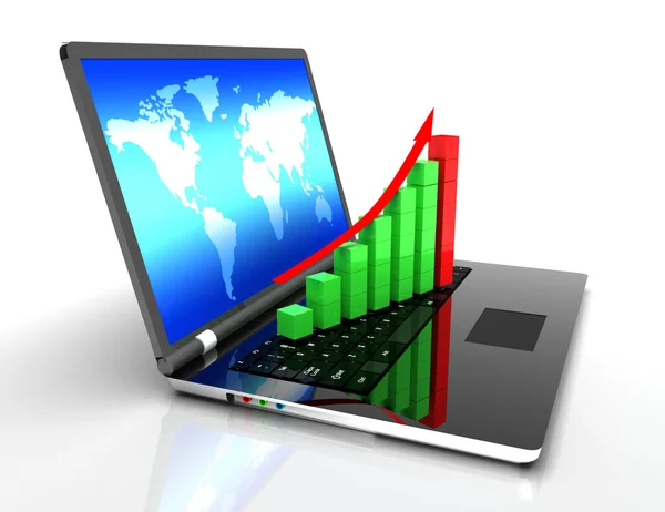Концепція прибутку, червона стрілка та діаграма зростання бізнесу на ноутбуці — стокове фото