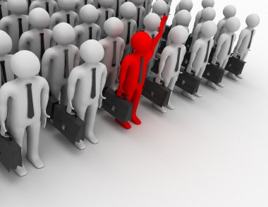 Kırmızı 3d adam beyaz 3d arkadaşlarının kalabalığın arasında