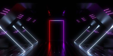 Üç boyutlu soyut arkaplan ve neon ışıkları. Neon tüneli. Uzay inşaatı. 3d illüstrasyon