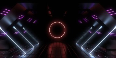 Üç boyutlu soyut arkaplan ve neon ışıkları. Neon tüneli. Uzay inşaatı. 3d illüstrasyon