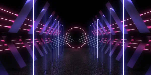 Sfondo Astratto Con Luci Neon Costruzione Tunnel Neon Space Illustrazione — Foto Stock