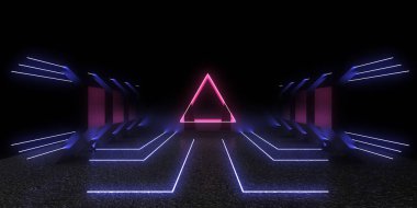 Üç boyutlu soyut arkaplan ve neon ışıkları. Neon tüneli. Uzay inşaatı. 3d illüstrasyon
