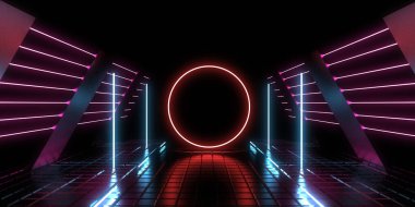 Üç boyutlu soyut arkaplan ve neon ışıkları. Neon tüneli. Uzay inşaatı. 3d illüstrasyon