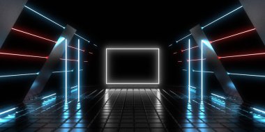 Üç boyutlu soyut arkaplan ve neon ışıkları. Neon tüneli. Uzay inşaatı. 3d illüstrasyon