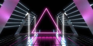 Üç boyutlu soyut arkaplan ve neon ışıkları. Neon tüneli. Uzay inşaatı. 3d illüstrasyon