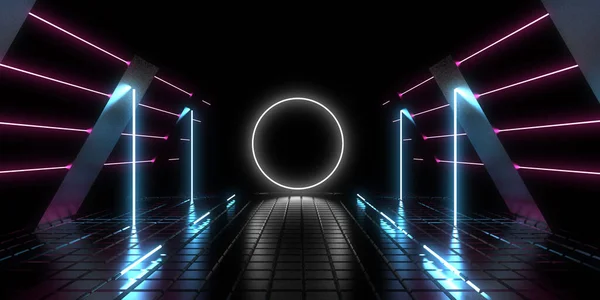 Sfondo Astratto Con Luci Neon Costruzione Tunnel Neon Space Illustrazione — Foto Stock