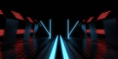 Üç boyutlu soyut arkaplan ve neon ışıkları. Neon tüneli. Uzay inşaatı. 3d illüstrasyon
