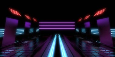 Üç boyutlu soyut arkaplan ve neon ışıkları. Neon tüneli. Uzay inşaatı. 3d illüstrasyon
