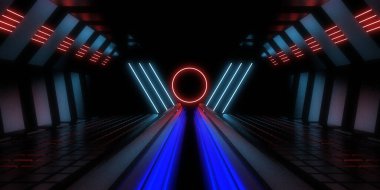 Üç boyutlu soyut arkaplan ve neon ışıkları. Neon tüneli. Uzay inşaatı. 3d illüstrasyon