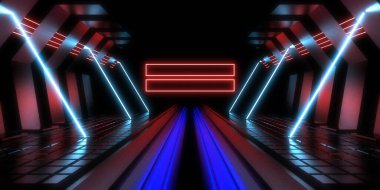 Üç boyutlu soyut arkaplan ve neon ışıkları. Neon tüneli. Uzay inşaatı. 3d illüstrasyon