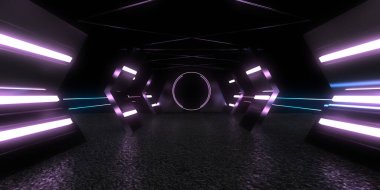 Üç boyutlu soyut arkaplan ve neon ışıkları. Neon tüneli. Uzay inşaatı. 3d illüstrasyon