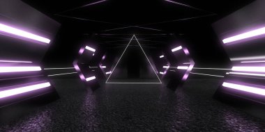 Üç boyutlu soyut arkaplan ve neon ışıkları. Neon tüneli. Uzay inşaatı. 3d illüstrasyon