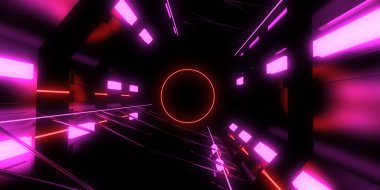 Üç boyutlu soyut arkaplan ve neon ışıkları. Neon tüneli. Uzay inşaatı. 3d illüstrasyon