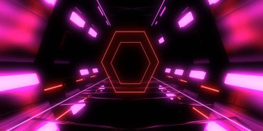 Üç boyutlu soyut arkaplan ve neon ışıkları. Neon tüneli. Uzay inşaatı. 3d illüstrasyon