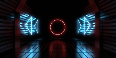 Üç boyutlu soyut arkaplan ve neon ışıkları. Neon tüneli. Uzay inşaatı. 3d illüstrasyon