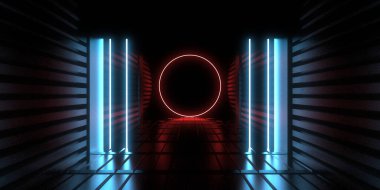 Üç boyutlu soyut arkaplan ve neon ışıkları. Neon tüneli. Uzay inşaatı. 3d illüstrasyon