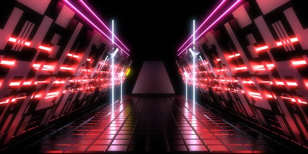 Fundo Abstrato Com Luzes Néon Neon Túnel Space Construção Ilustração — Fotografia de Stock