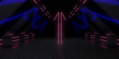 Üç boyutlu soyut arkaplan ve neon ışıkları. Neon tüneli. Uzay inşaatı. 3d illüstrasyon