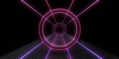 Üç boyutlu soyut arkaplan ve neon ışıkları. Neon tüneli. Uzay inşaatı. 3d illüstrasyon