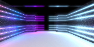Üç boyutlu soyut arkaplan ve neon ışıkları. Neon tüneli. Uzay inşaatı. 3d illüstrasyon