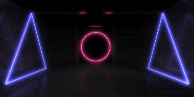 Üç boyutlu soyut arkaplan ve neon ışıkları. Neon tüneli. Uzay inşaatı. 3d illüstrasyon