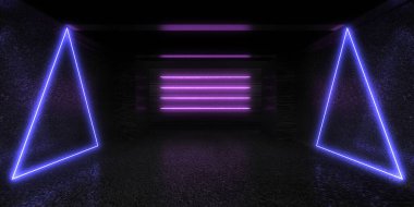 Üç boyutlu soyut arkaplan ve neon ışıkları. Neon tüneli. Uzay inşaatı. 3d illüstrasyon