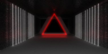 Üç boyutlu soyut arkaplan ve neon ışıkları. Neon tüneli. Uzay inşaatı. 3d illüstrasyon