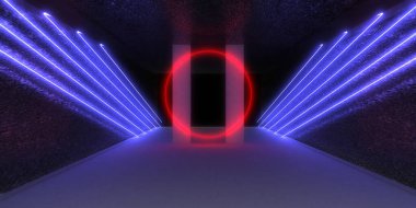 Üç boyutlu soyut arkaplan ve neon ışıkları. Neon tüneli. Uzay inşaatı. 3d illüstrasyon