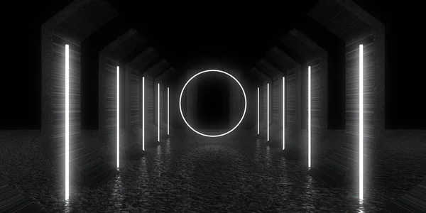 Abstrakt Bakgrund Med Neonljus Neontunnel Rymdbyggnad Illustration — Stockfoto