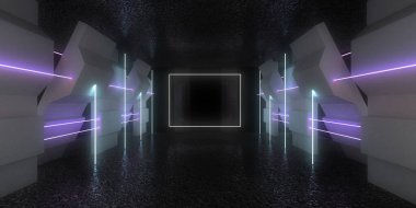 Üç boyutlu soyut arkaplan ve neon ışıkları. Neon tüneli. Uzay inşaatı. 3d illüstrasyon