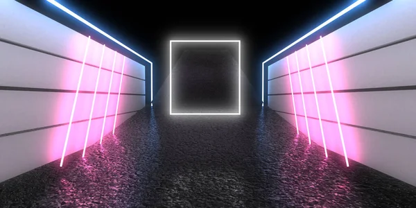 Fundo Abstrato Com Luzes Néon Neon Túnel Space Construção Ilustração — Fotografia de Stock