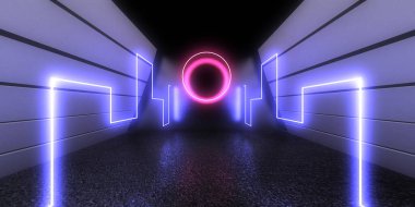 Üç boyutlu soyut arkaplan ve neon ışıkları. Neon tüneli. Uzay inşaatı. 3d illüstrasyon