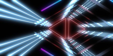 Üç boyutlu soyut arkaplan ve neon ışıkları. Neon tüneli. Uzay inşaatı. 3d illüstrasyon